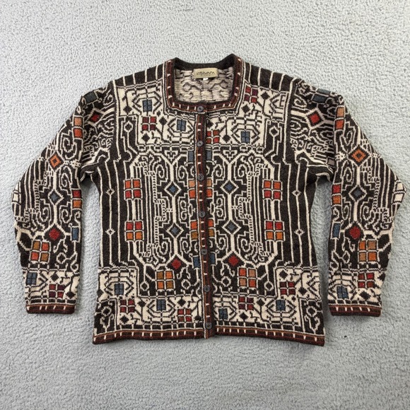Intiwara 100% Alpaca Wool Cardigan Tribal Geometric Hand Made In Bolivia Mens L